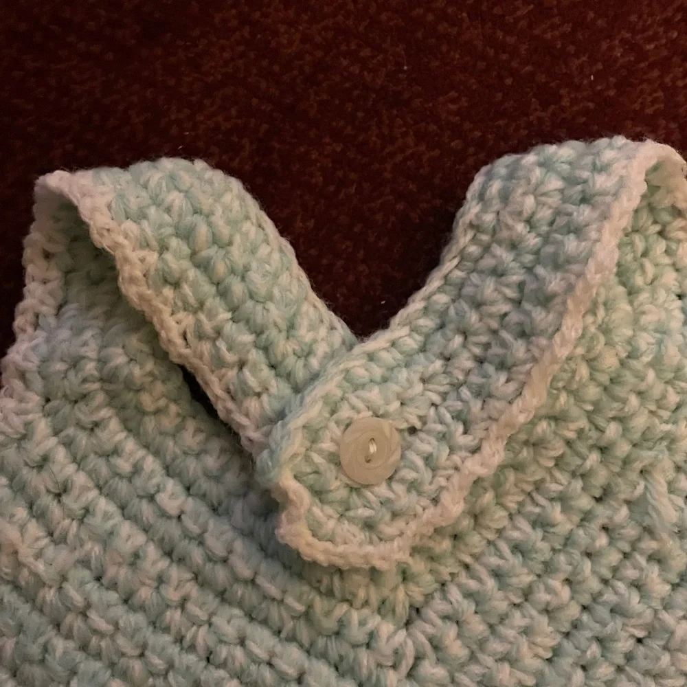 Five Crocheted Baby Bibs, Yellow/White; Green; Blue/White w/ Pink Flowers